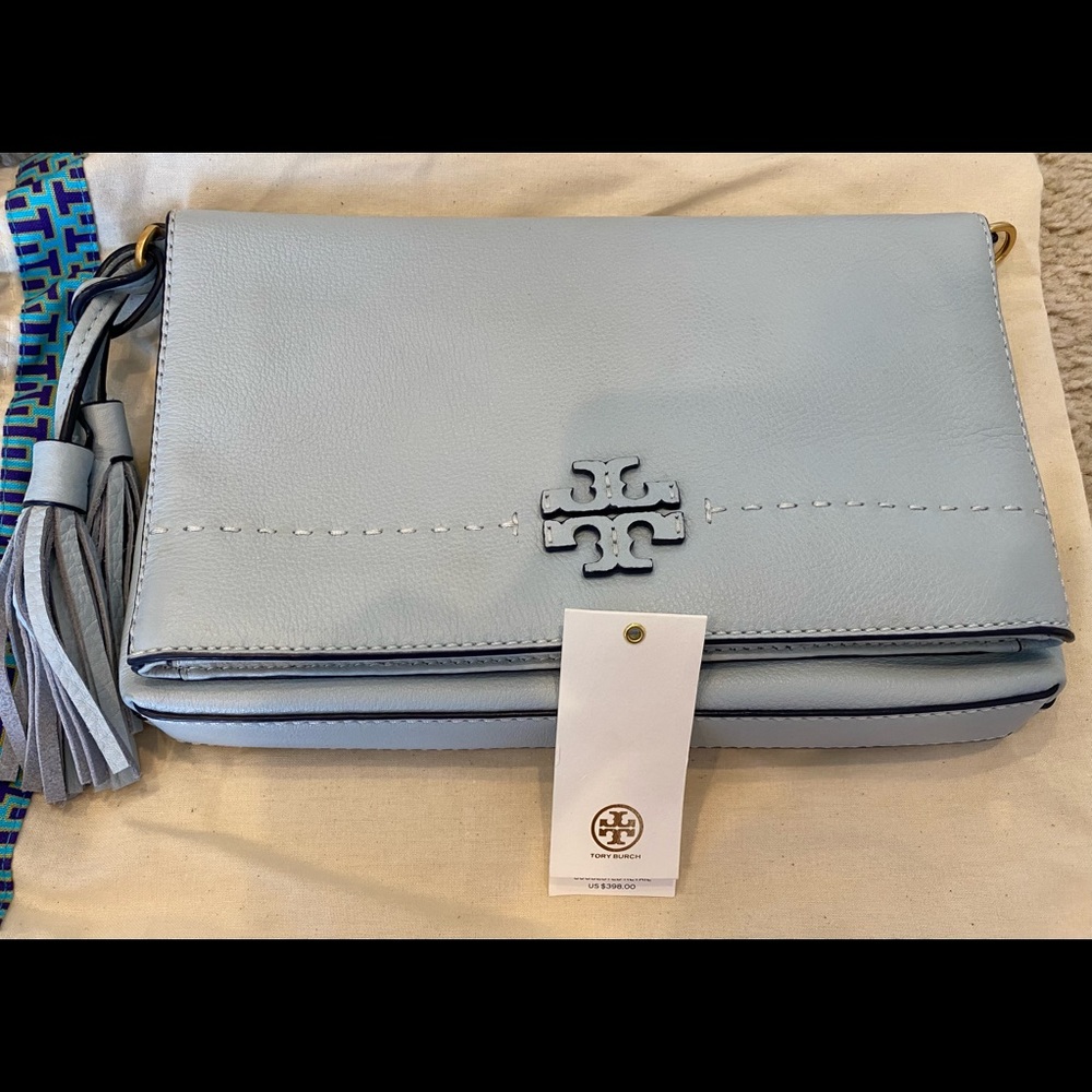 EUC Tory Burch McGraw Fold Over Cross Body Purse in Seltzer Blue